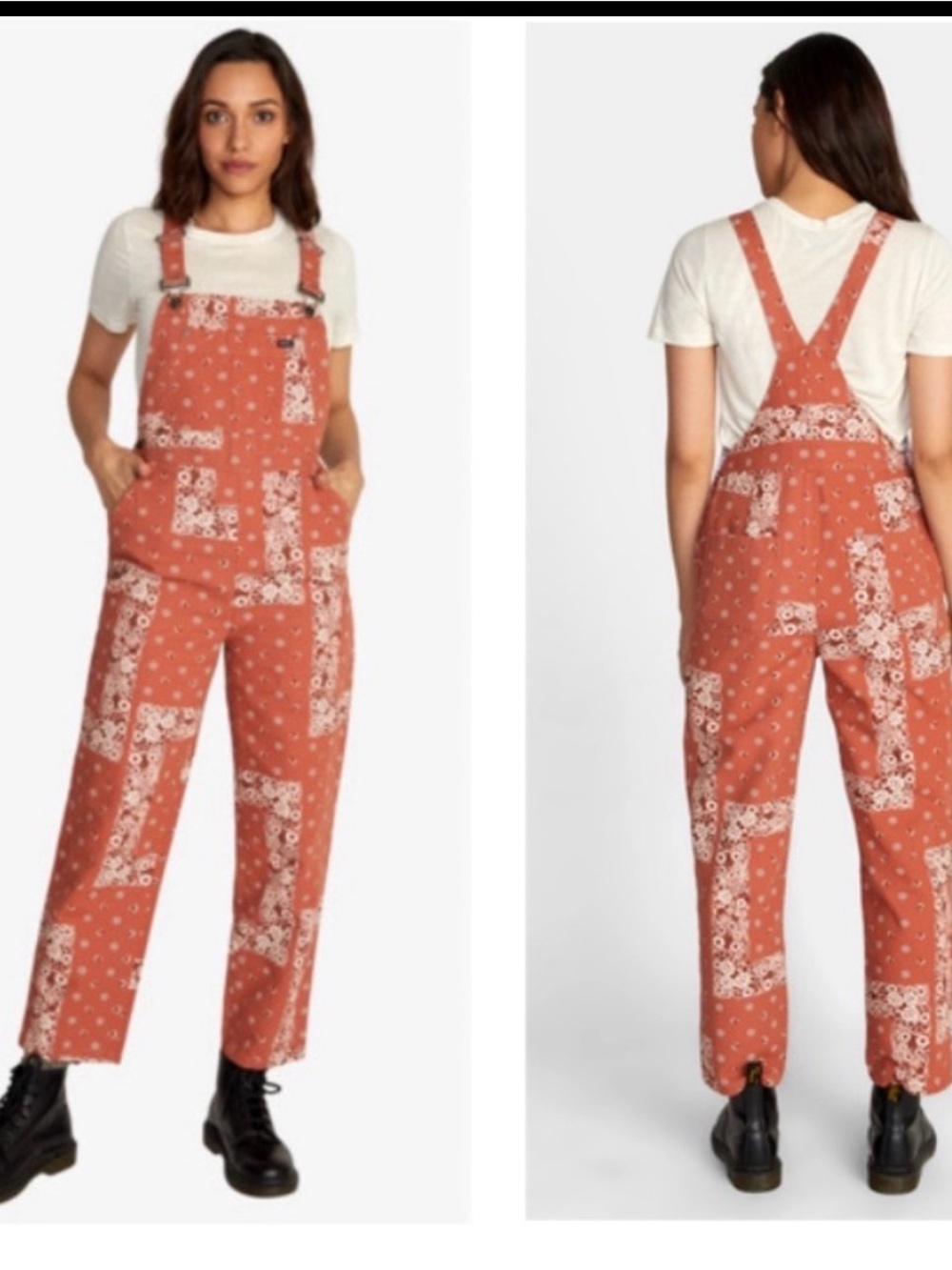 RVCA Rust Orange Floral Bandana Print Overalls